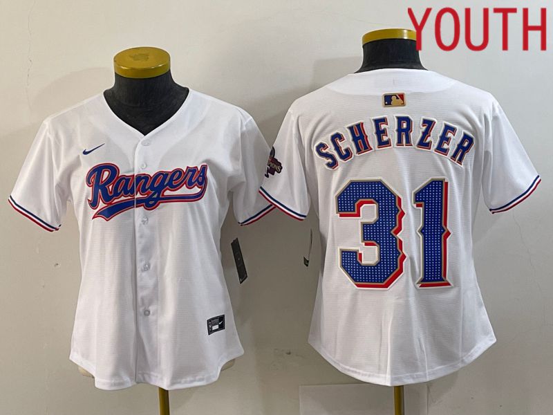 Youth Texas Rangers #31 Scherzer White Champion Game Nike 2024 MLB Jersey style 1->->Youth Jersey